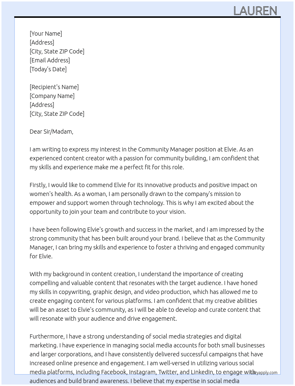 Community Manager At Elvie Cover Letter