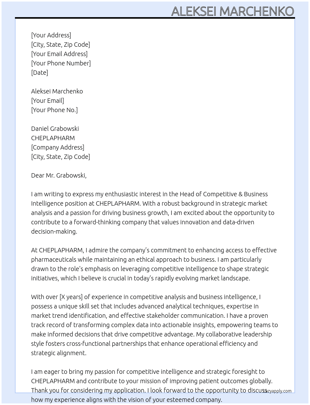Head of Competitive & Business Intelligence At CHEPLAPHARM Cover Letter