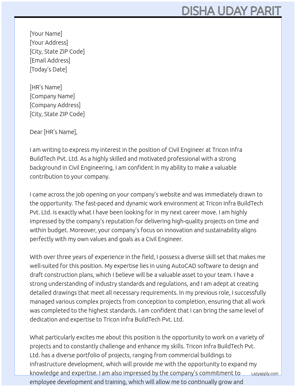 Civil Engineer At Tricon Infra BuildTech Pvt. Ltd Cover Letter