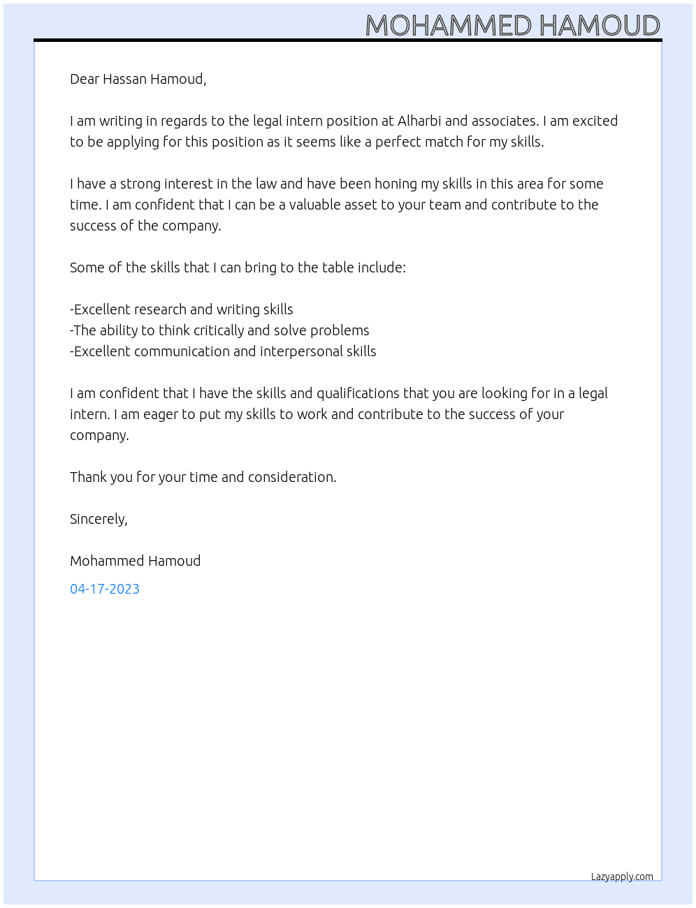 legal intern At Alharbi and associates Cover Letter