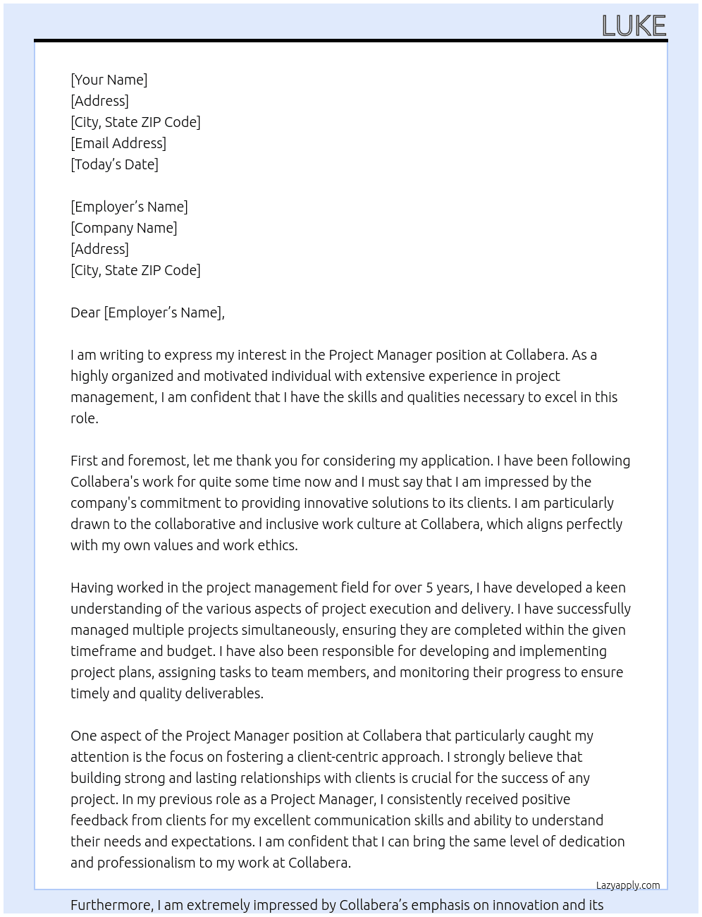 Project manager At Collabera Cover Letter