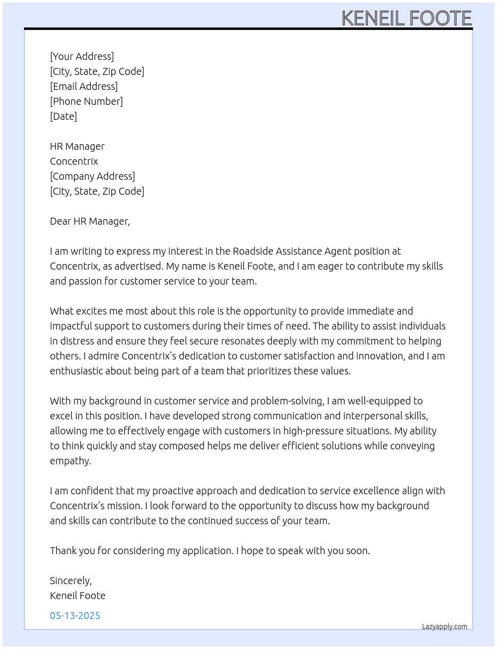Cover letter for roadside assistance agent - LazyApply