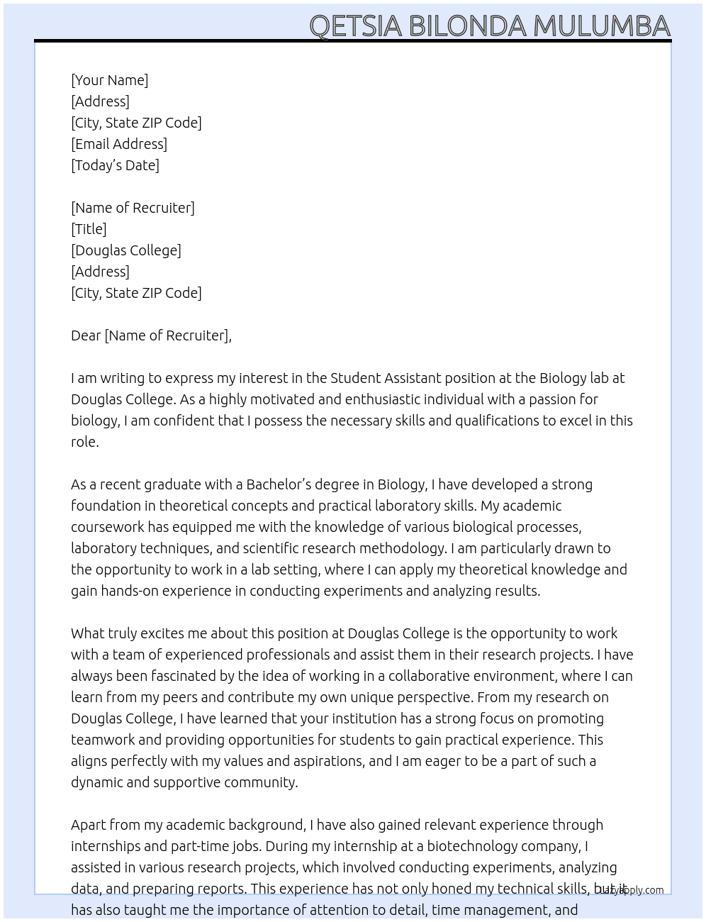 Student assistant, Biology lab At Douglas College Cover Letter