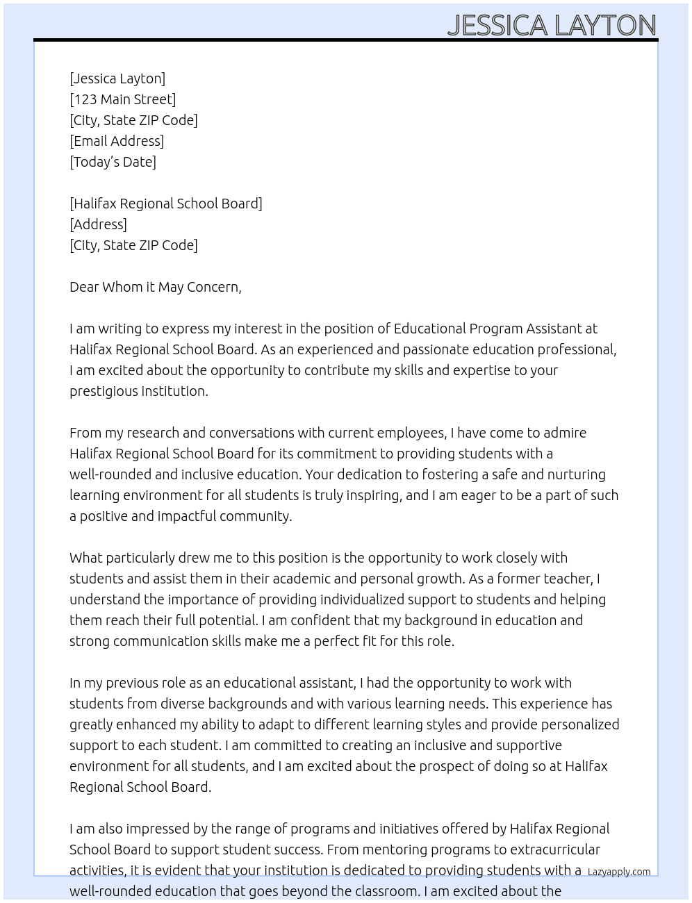Educational program assistant At Halifax Regional School Board Cover Letter
