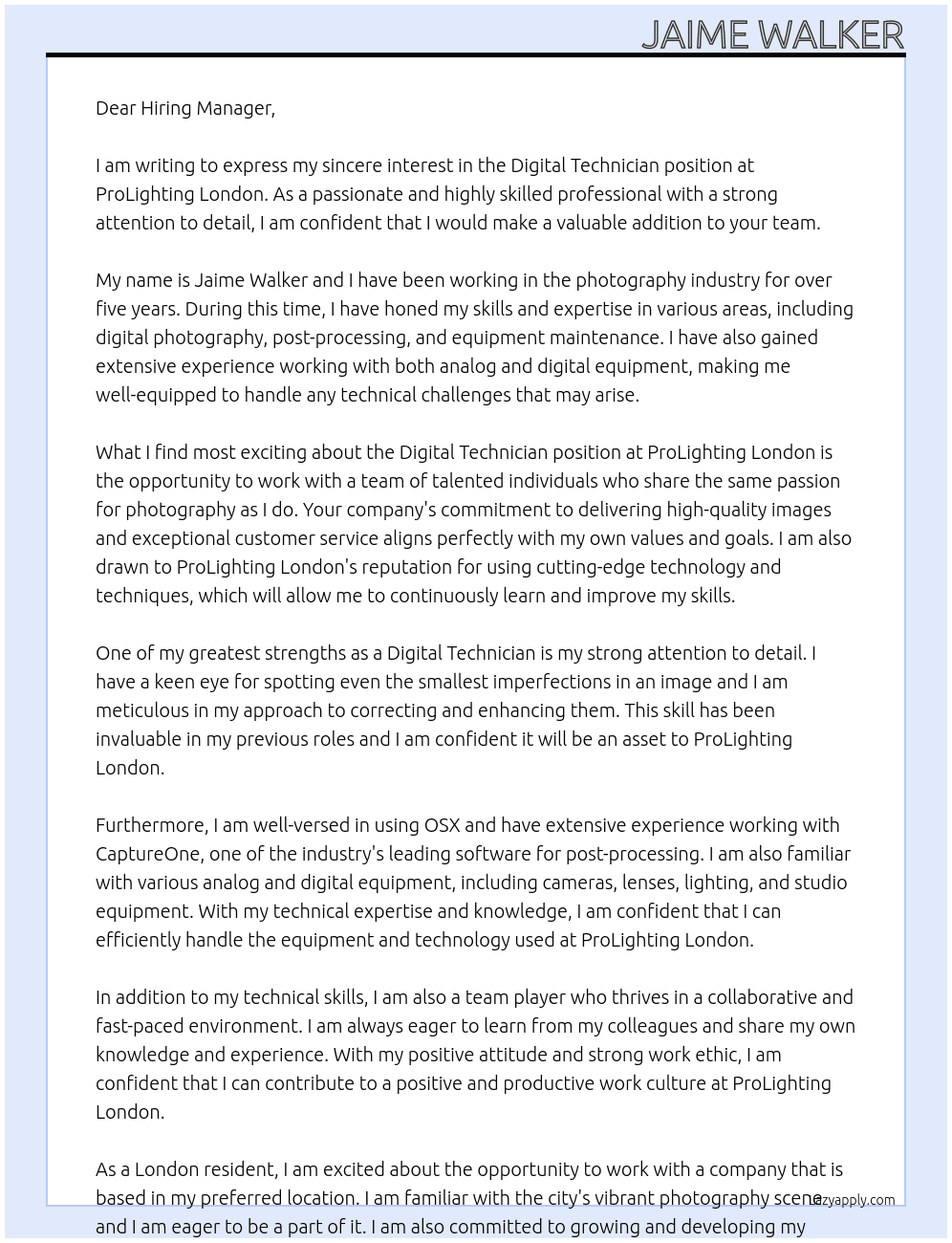 Digital technician At ProLighting London Cover Letter