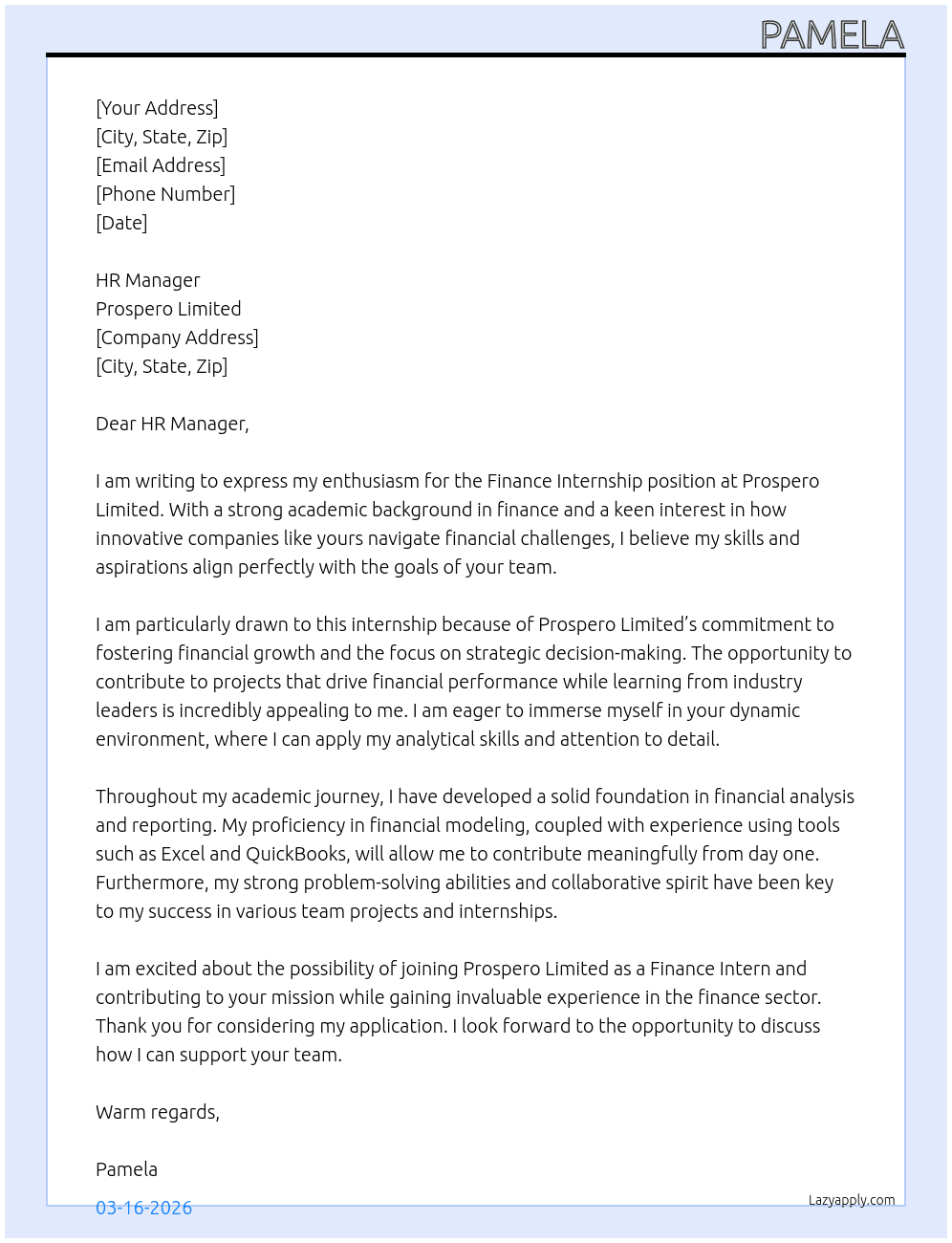 finance internship At prospero limited Cover Letter