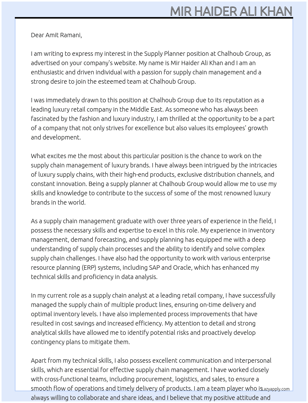 Supply Planner At Chalhoub Group Cover Letter