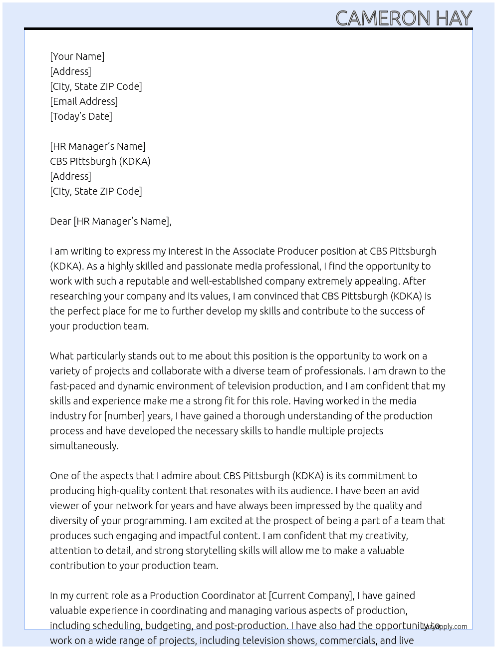 Associate Producer At CBS Pittsburgh (KDKA) Cover Letter