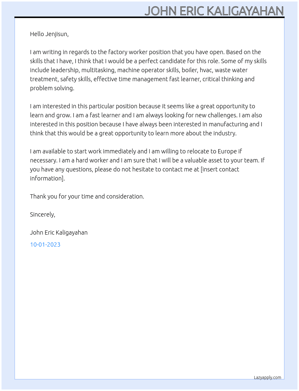 Factory worker At Jenjisun Cover Letter