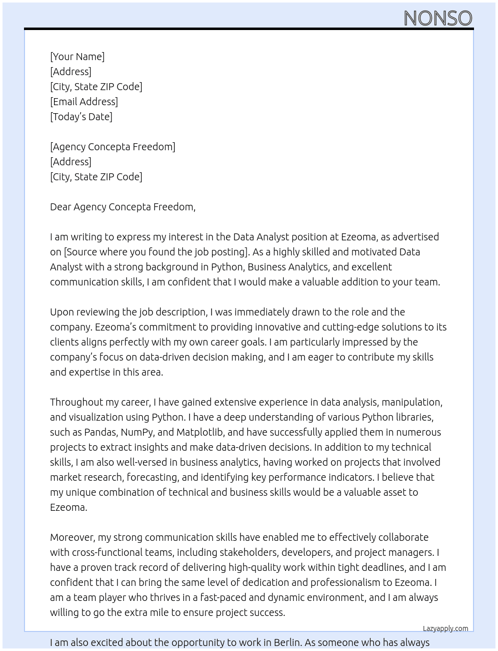 Data Analyst At Ezeoma Cover Letter
