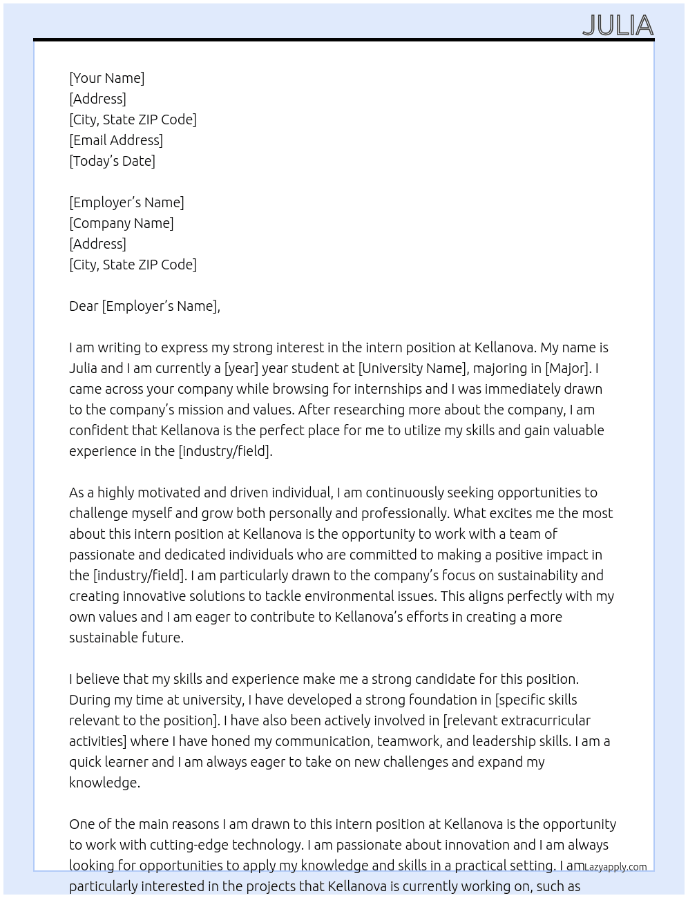 intern  At Kellanova  Cover Letter