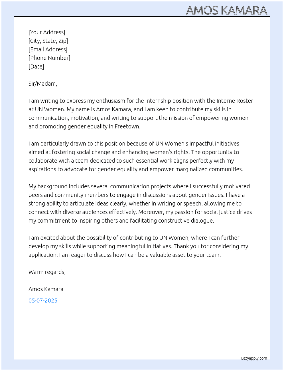 Interne Roster At U N Women  Cover Letter