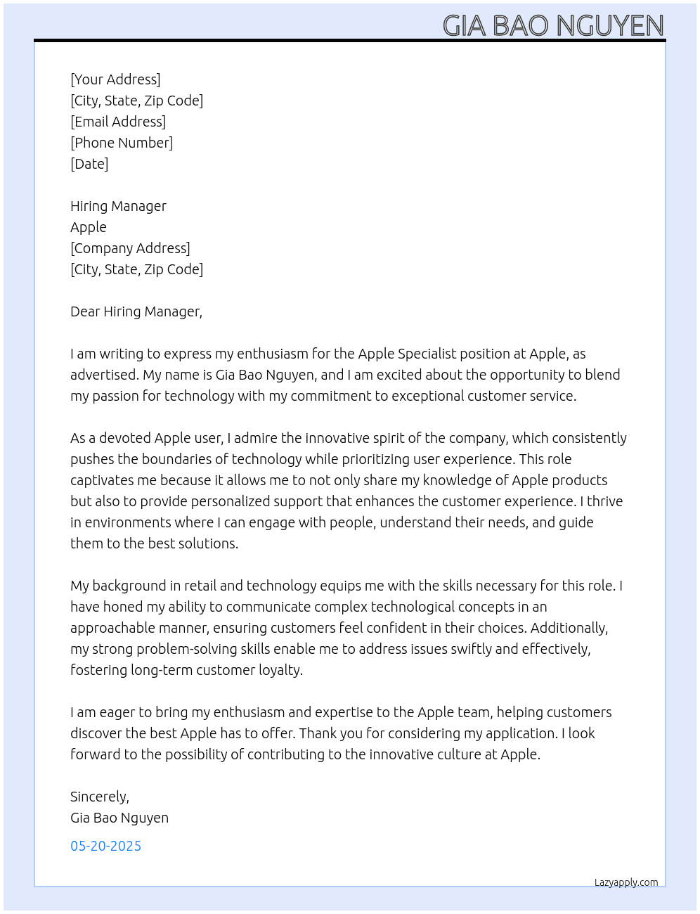 Cover letter for apple specialist - LazyApply