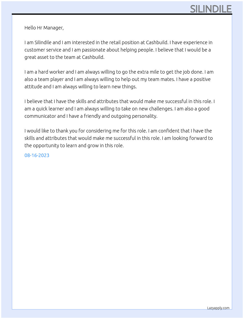 Retail At Cashbuild Cover Letter