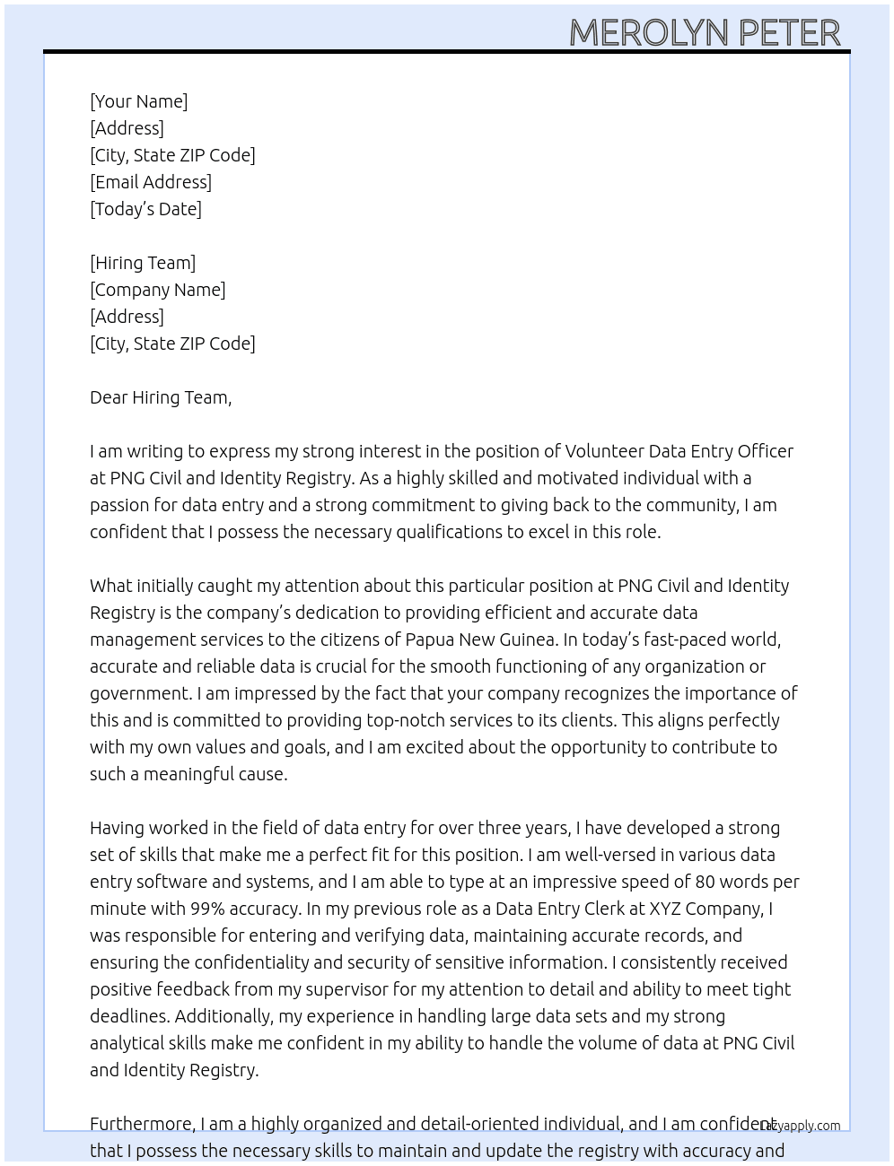 Volunteer Data Entry Officer  At PNG Civil and Identity Registry  Cover Letter