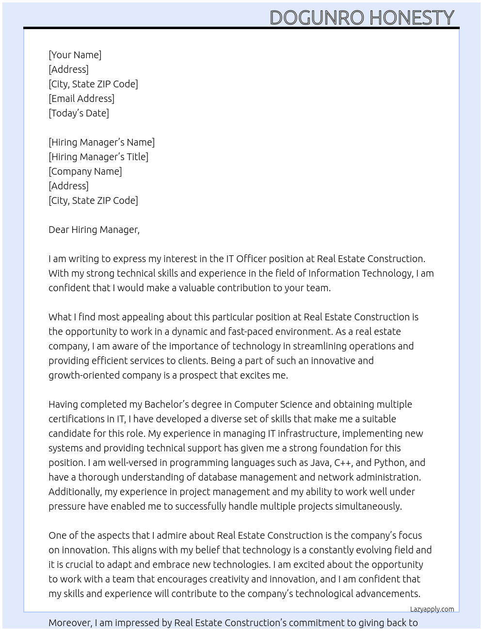 IT officer At real estate construction Cover Letter