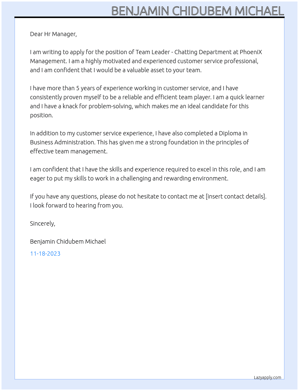 Team Leader - Chatting Department  At PhoeniX Management Cover Letter
