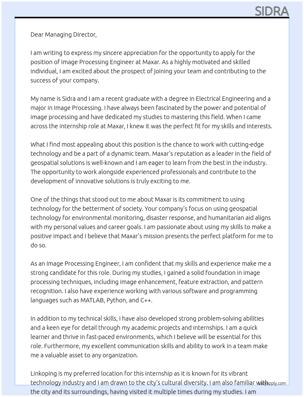 Image Processing Engineer At Maxar Cover Letter
