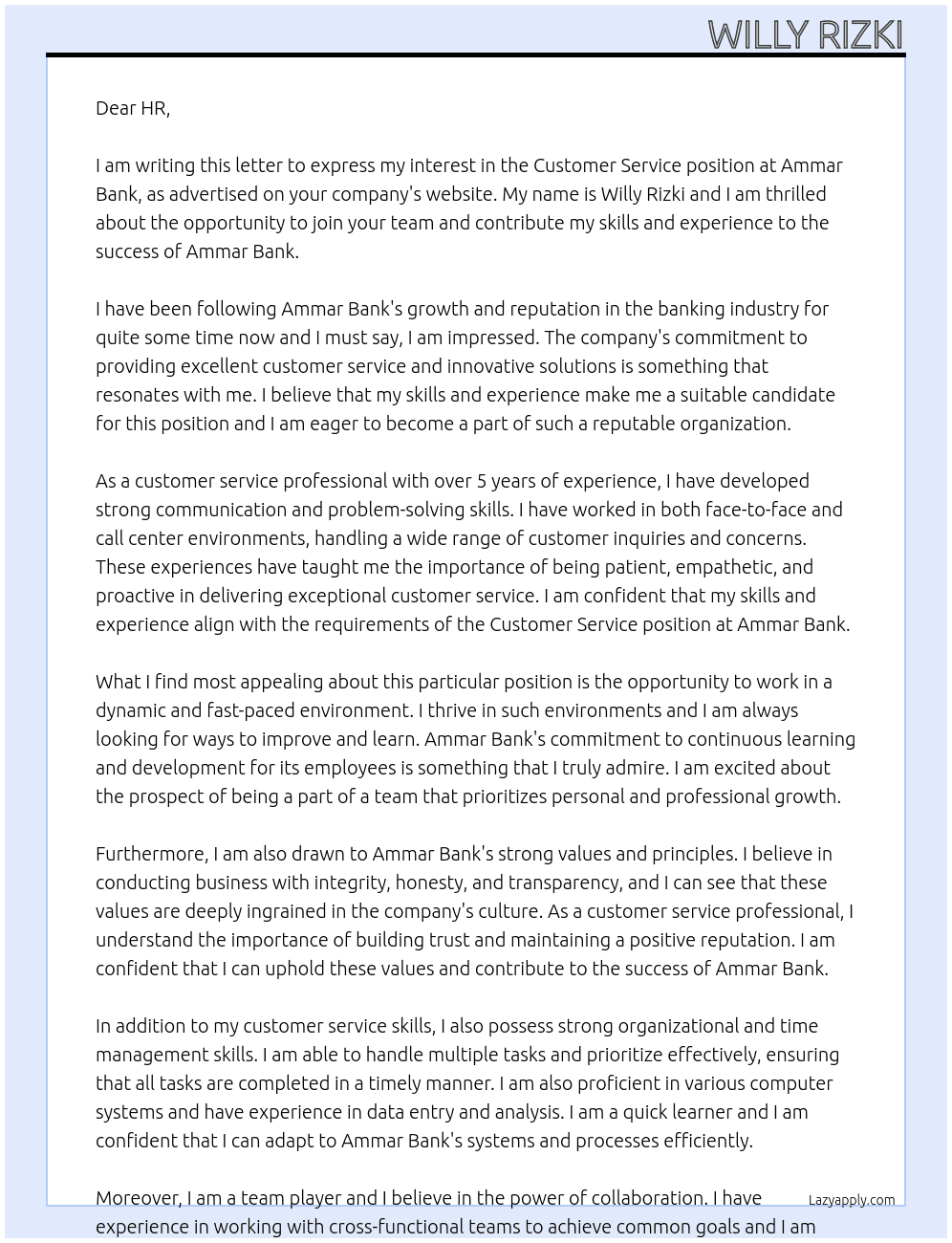 Costumer Service At Ammar Bank Cover Letter