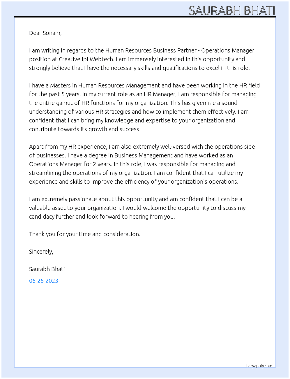 Human Resources Business Partner - Operations Manager At Creativelipi Webtech Cover Letter