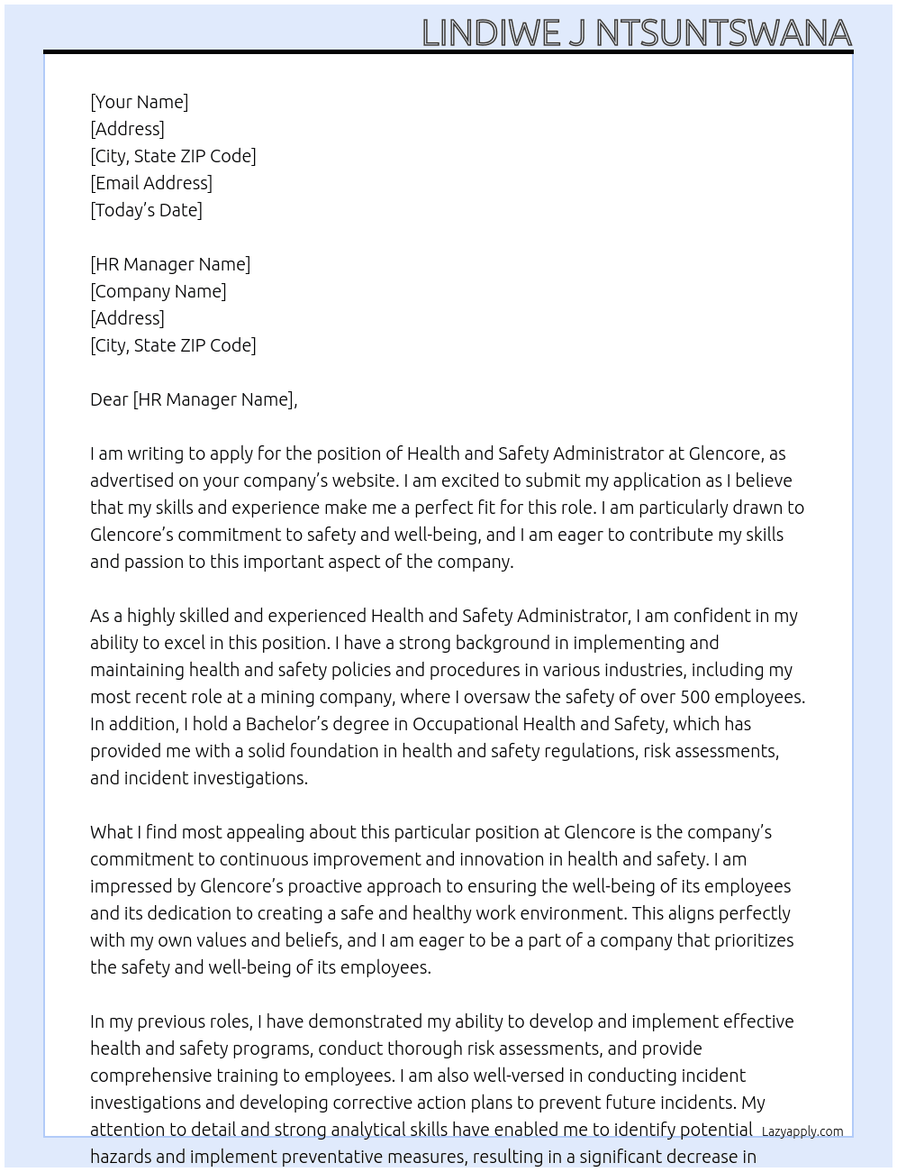 Health and Safety Administrator At Glencore Cover Letter