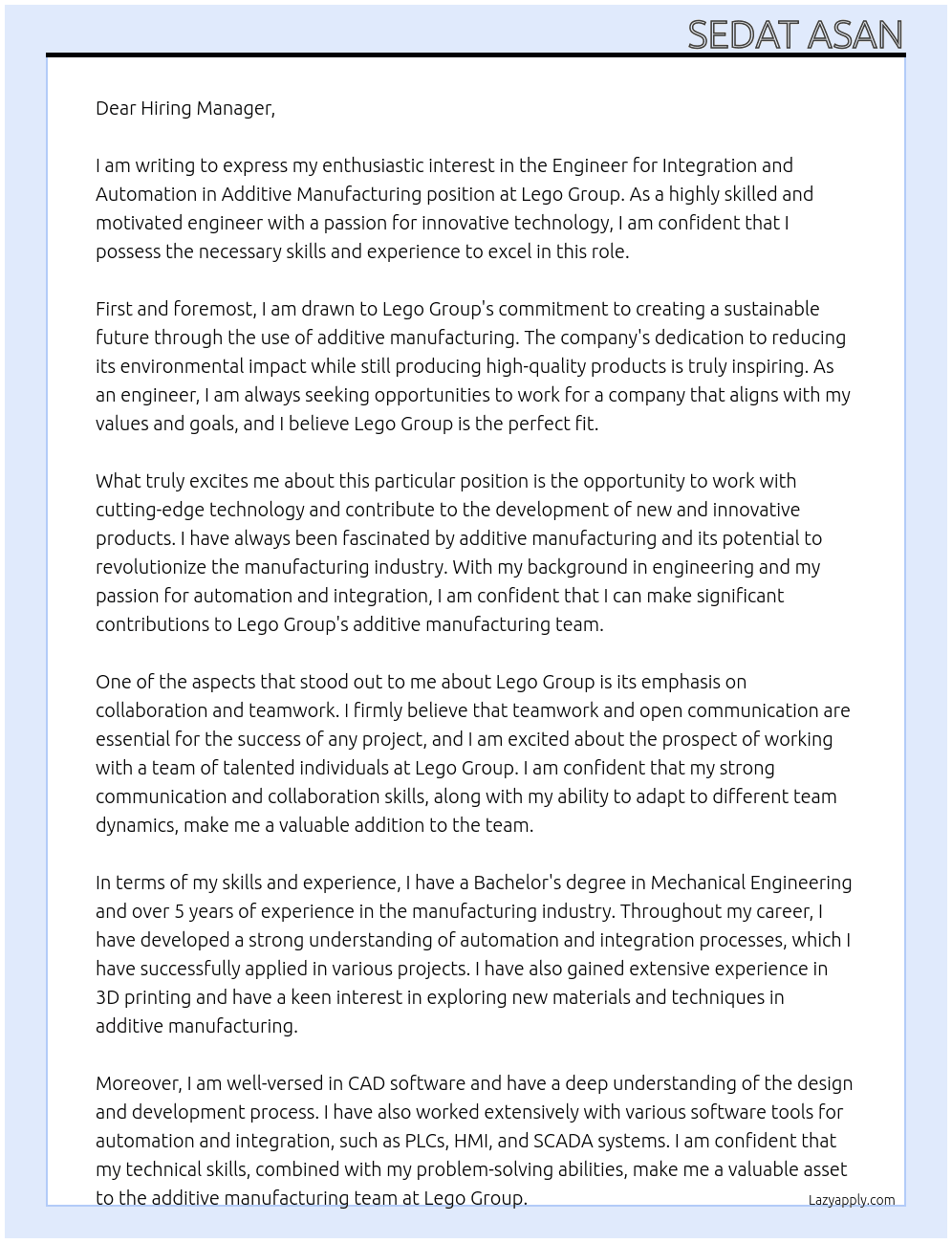 Engineer for Integration and Automation in Additive Manufacturing At Lego Group Cover Letter