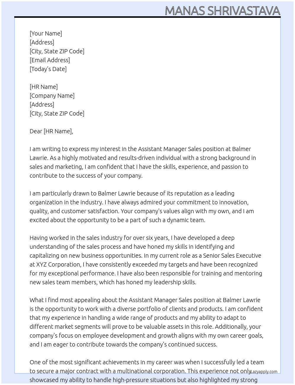 Assistant Manager sales At Balmer Lawrie Cover Letter