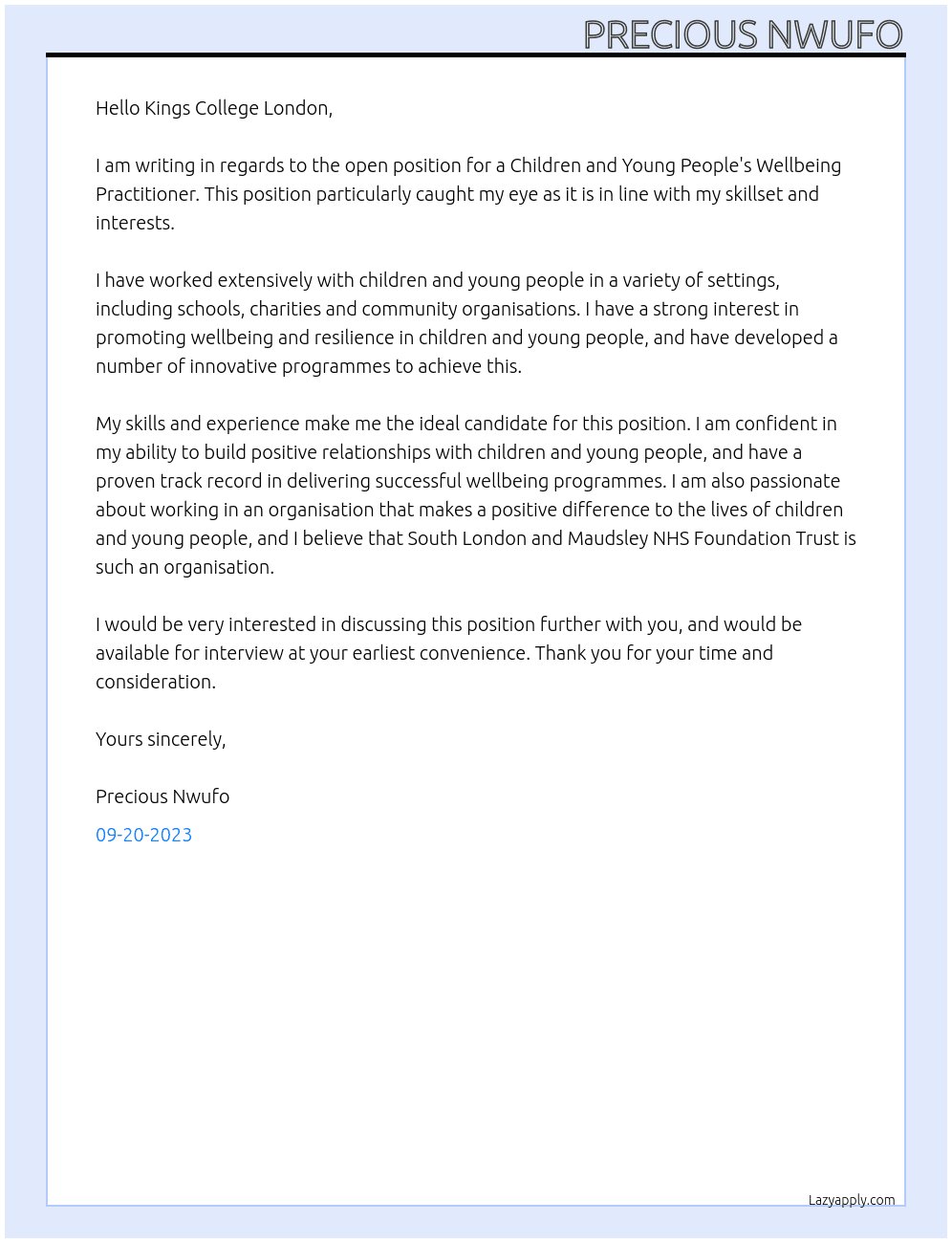 Children and Young People's Wellbeing Practitioner At South London and Maudsley NHS Foundation Trust Cover Letter