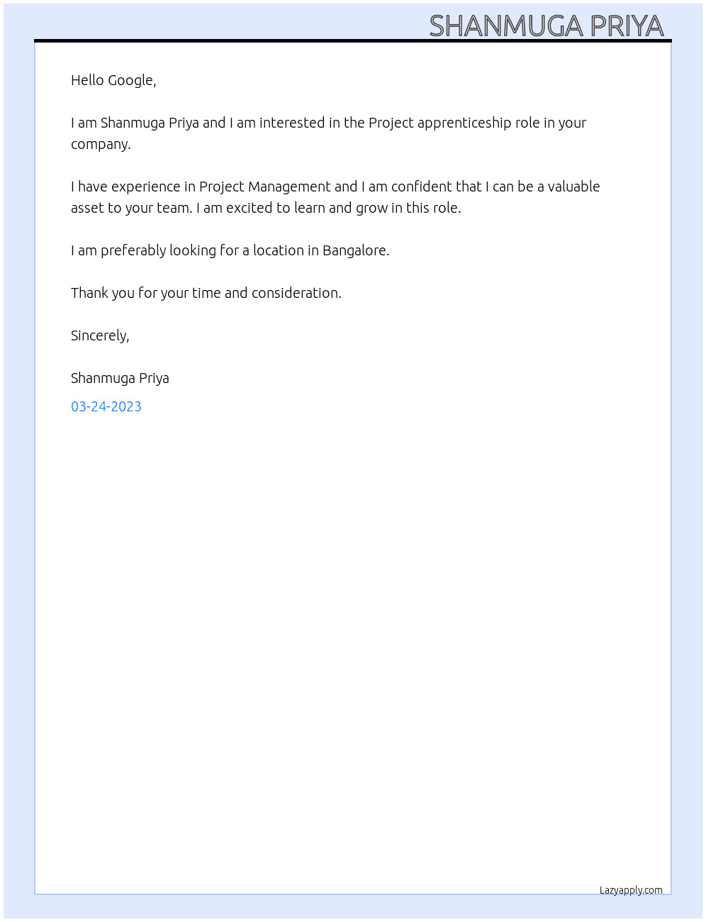 Project  At Google Cover Letter