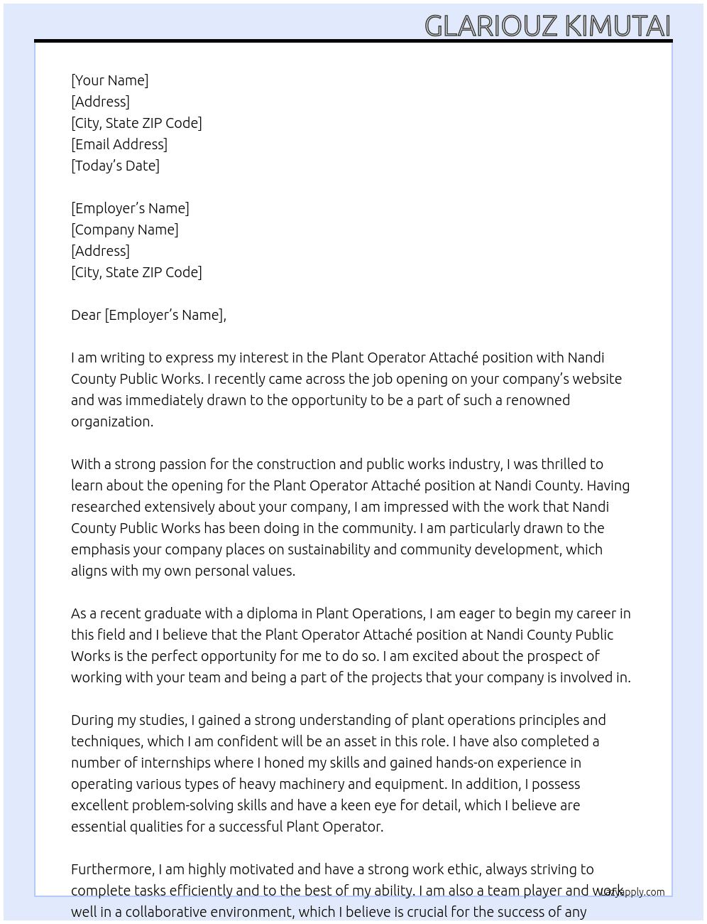 plant operator attachee At nandi county Cover Letter