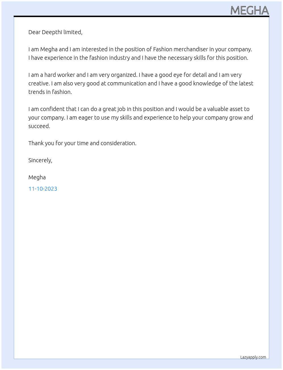 Fashion merchandiser  At The house of DEEPTHI limited Cover Letter