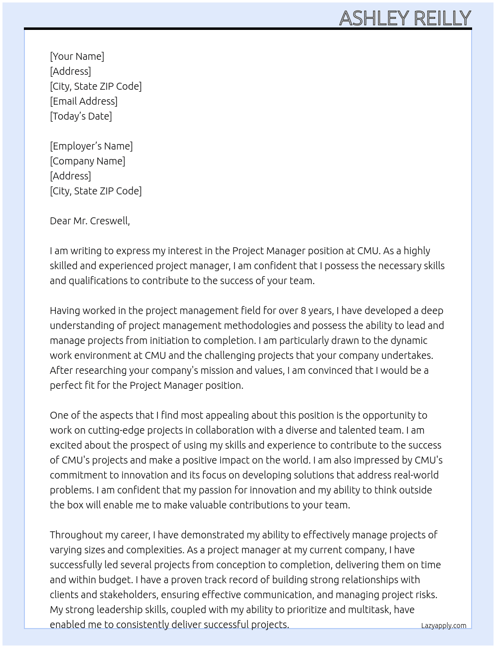 Project Manager At CMU Cover Letter