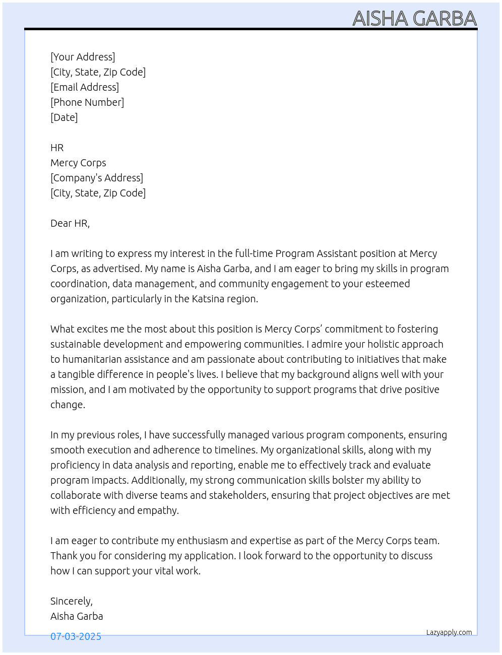 PROGRAM ASSISTANT  At MERCY CORP Cover Letter