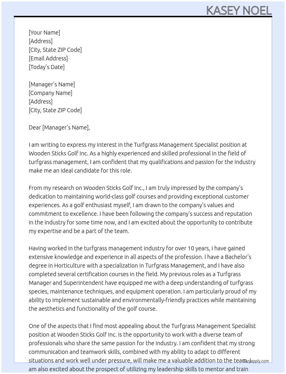 Turfgrass management specialist At Wooden Sticks Golf Inc. Cover Letter
