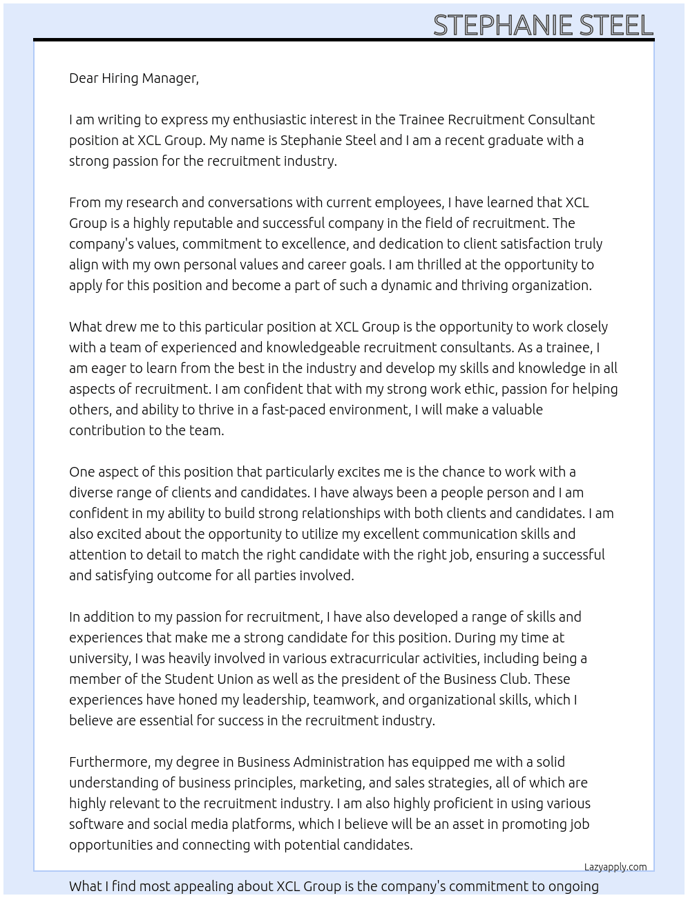 Trainee Recruitment Consultant At XCL Group Cover Letter
