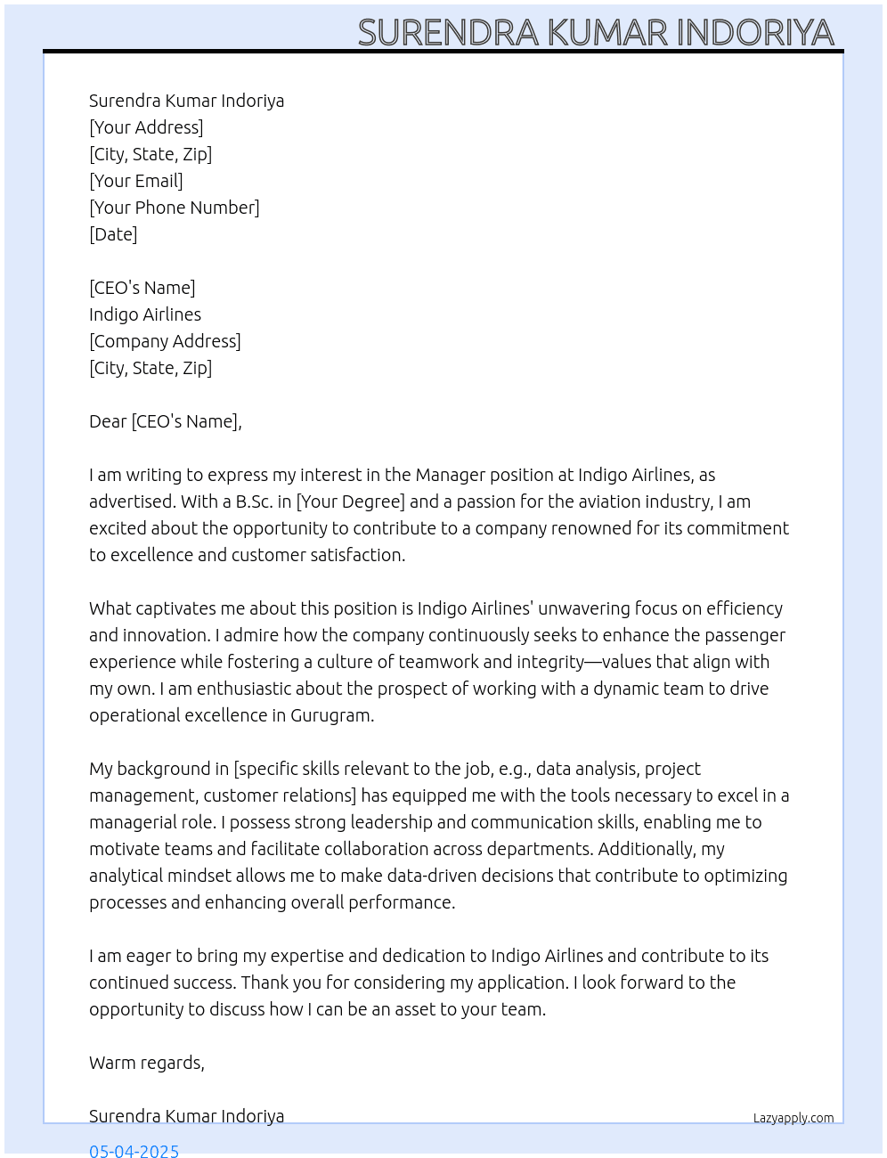 Manager At Indigo Airlines  Cover Letter