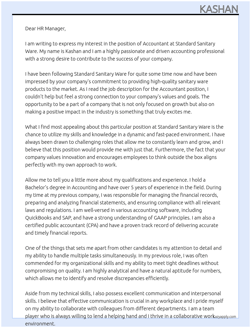 Accountant At standard sanitary ware Cover Letter