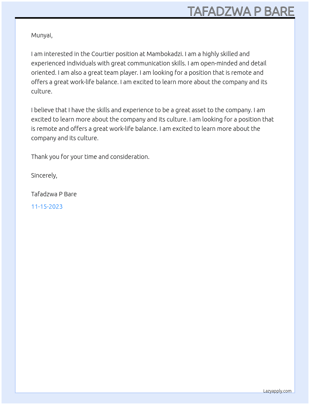 Courtier At Mambokadzi Cover Letter