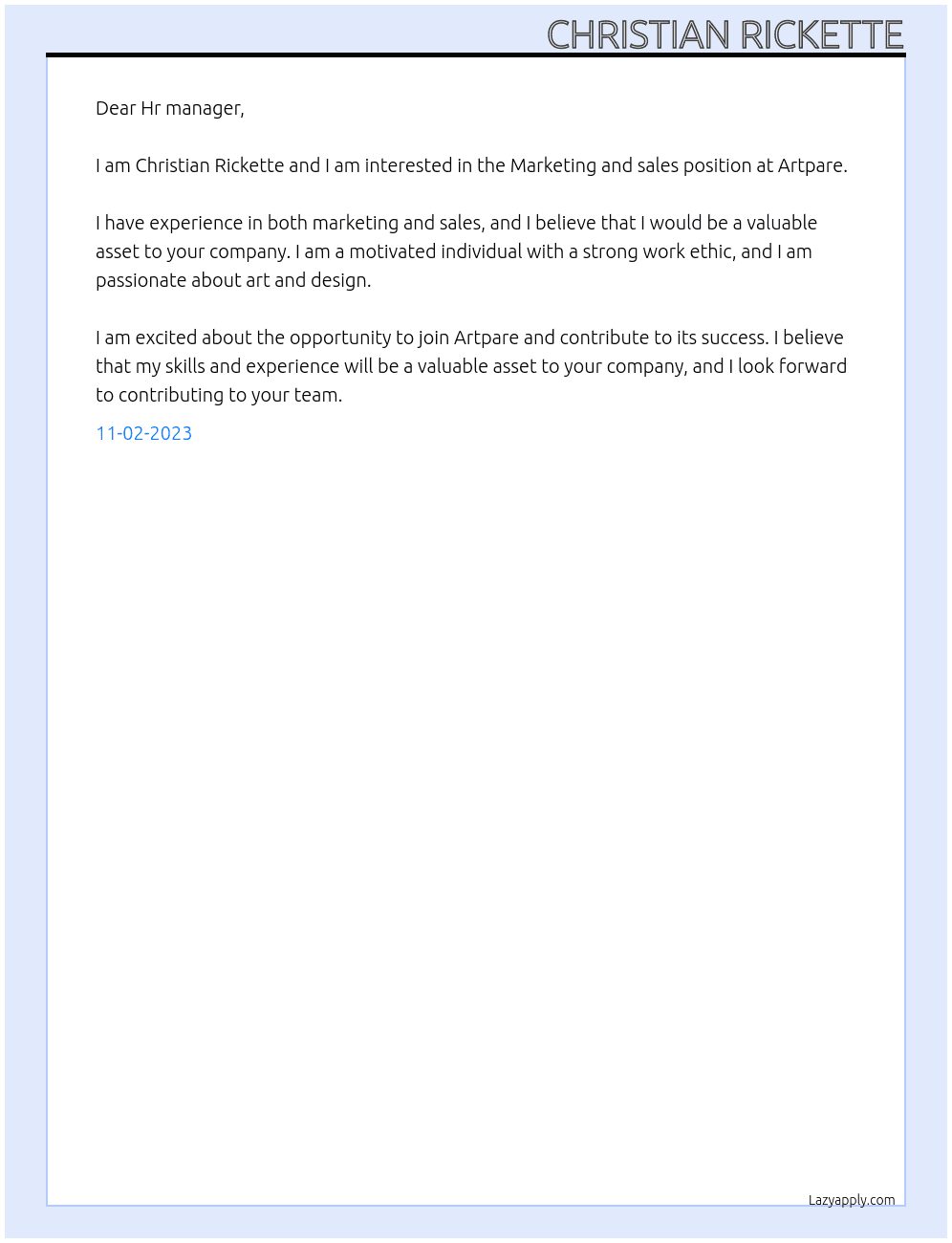 Marketing and sales At Artpare Cover Letter
