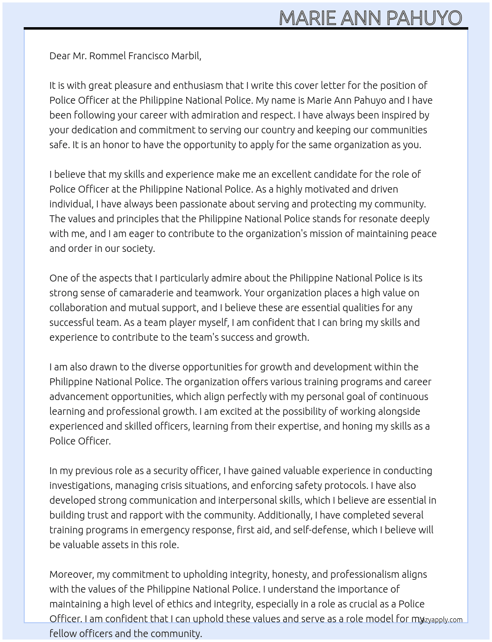 Police officer At Philippine National Police  Cover Letter