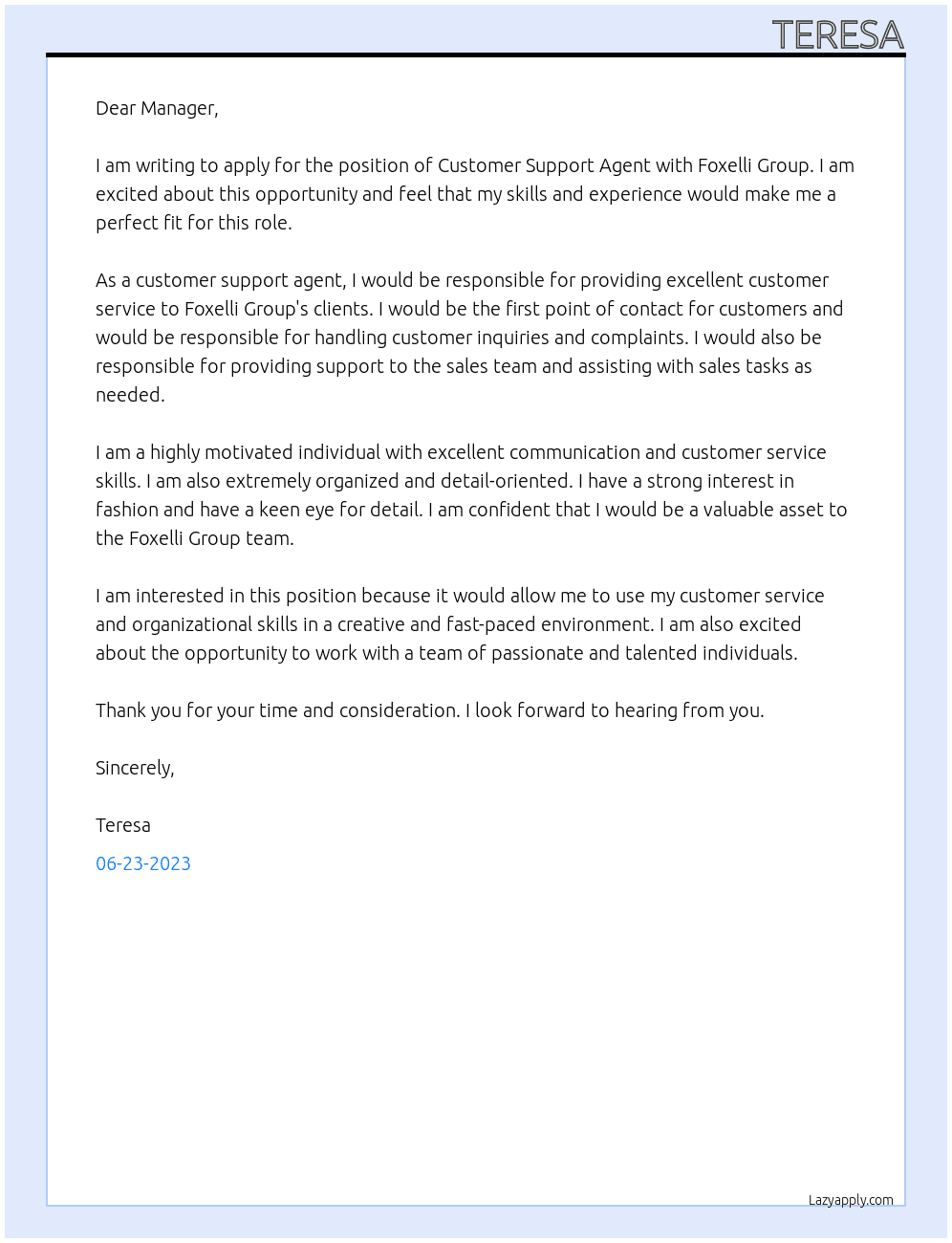 Customer Support Agent At Foxelli Group Cover Letter