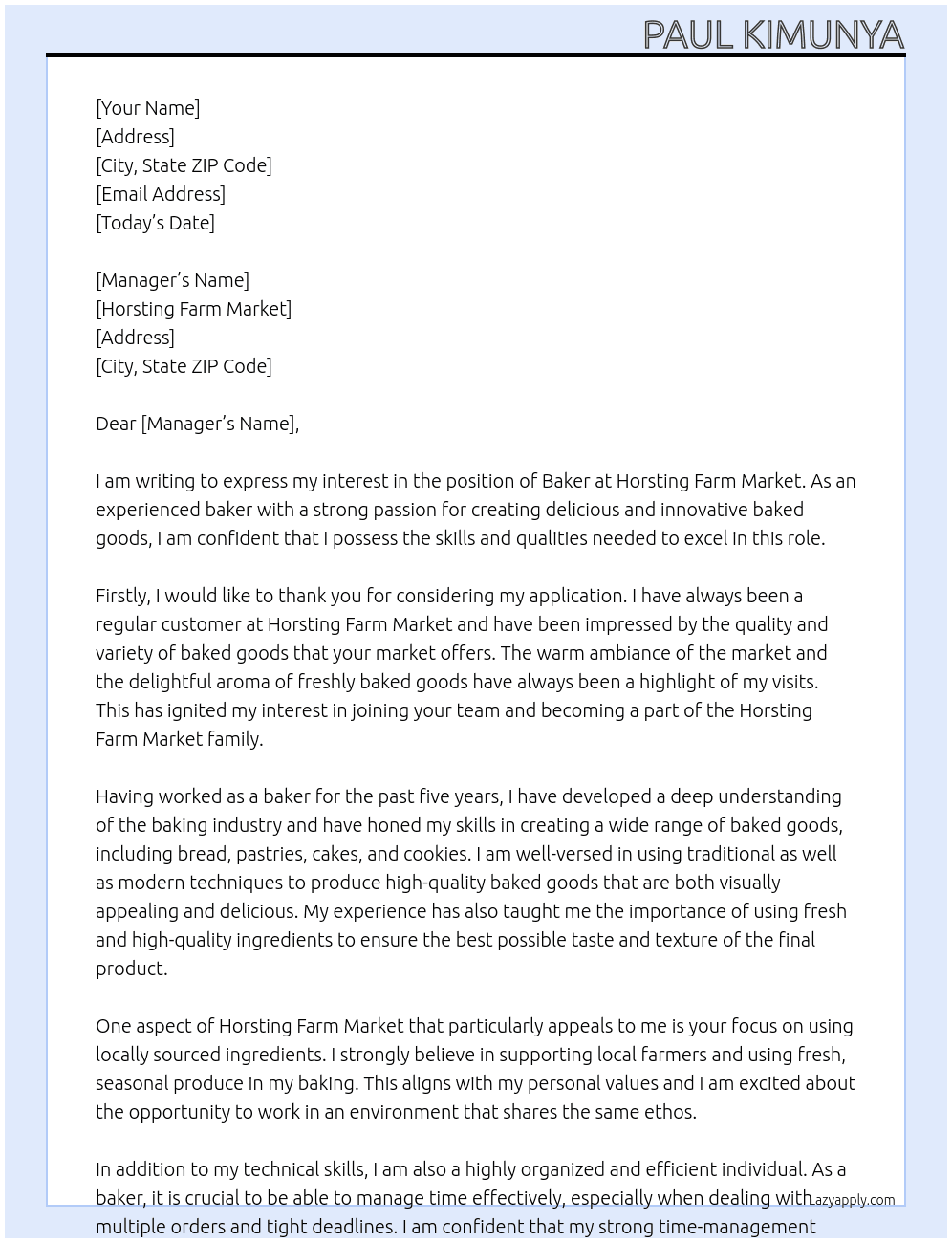 Baker At Horsting Farm Market Cover Letter