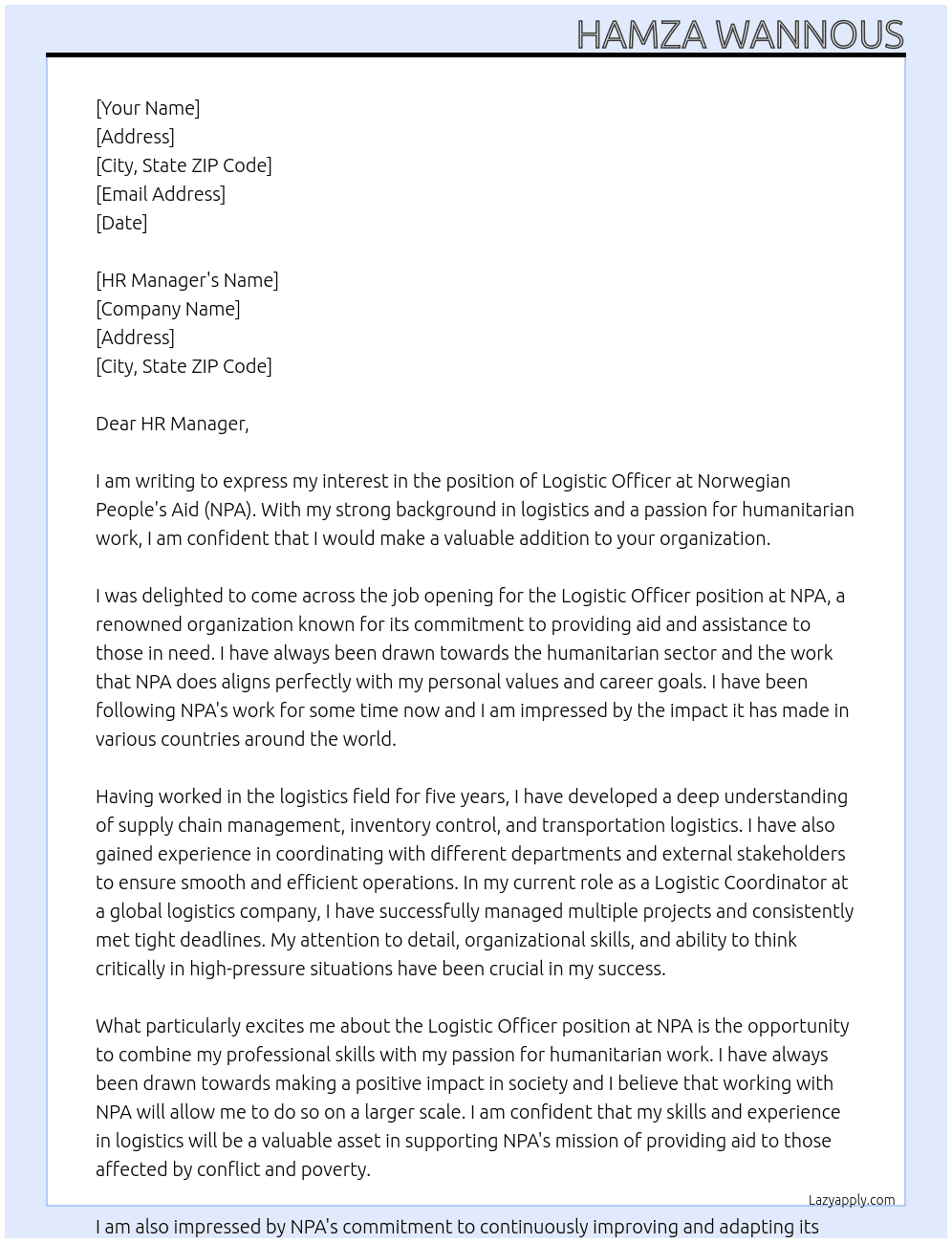 Logistic Officer At Norwegian People's Aid (NPA) Cover Letter