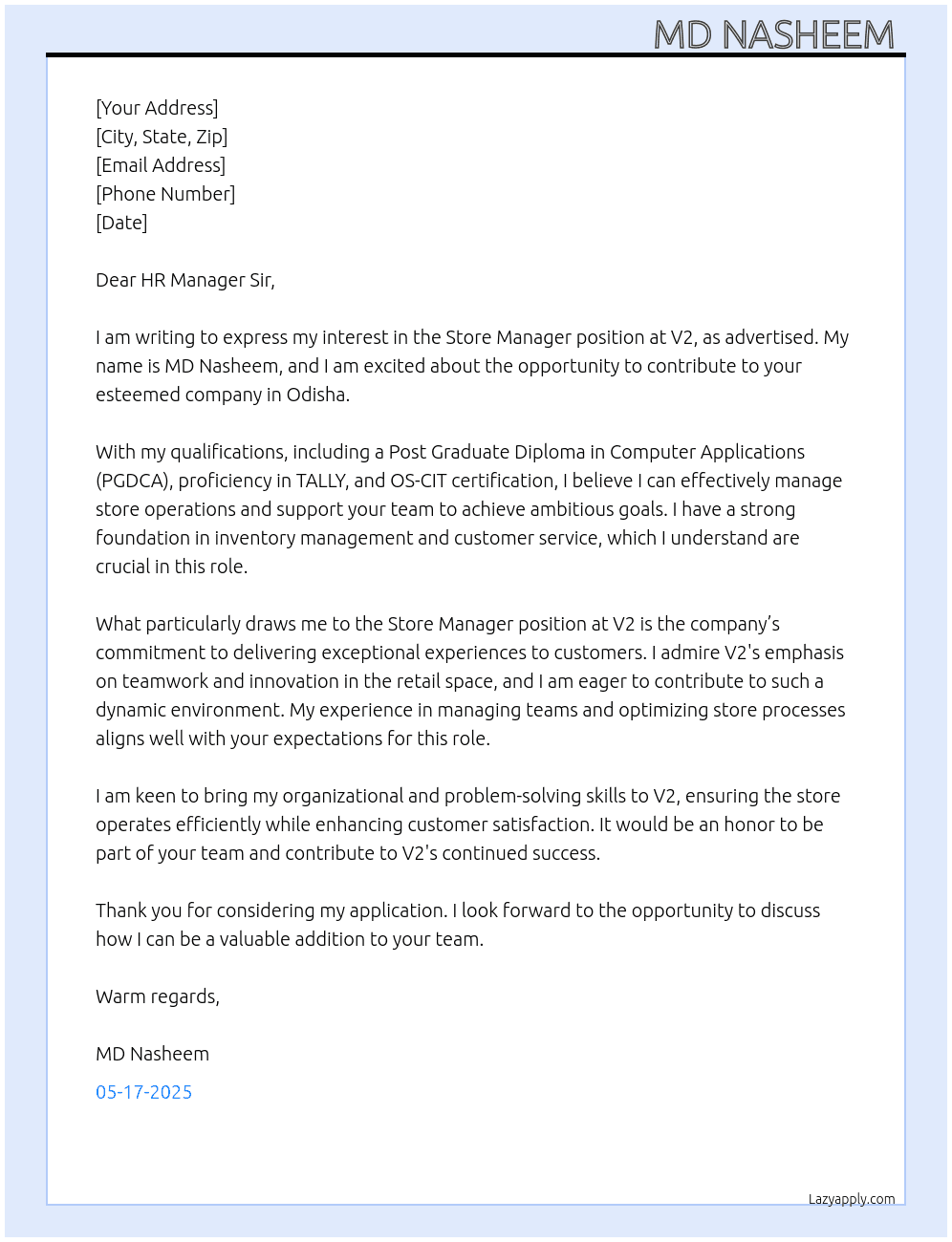 STORE MANAGER  At V2 Cover Letter