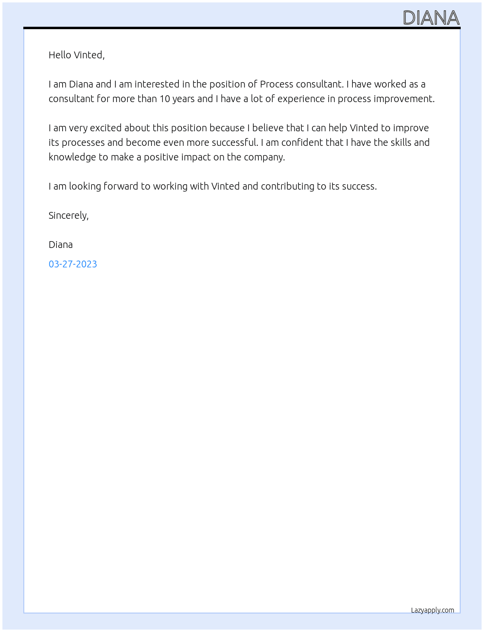 Process consultant At Vinted Cover Letter