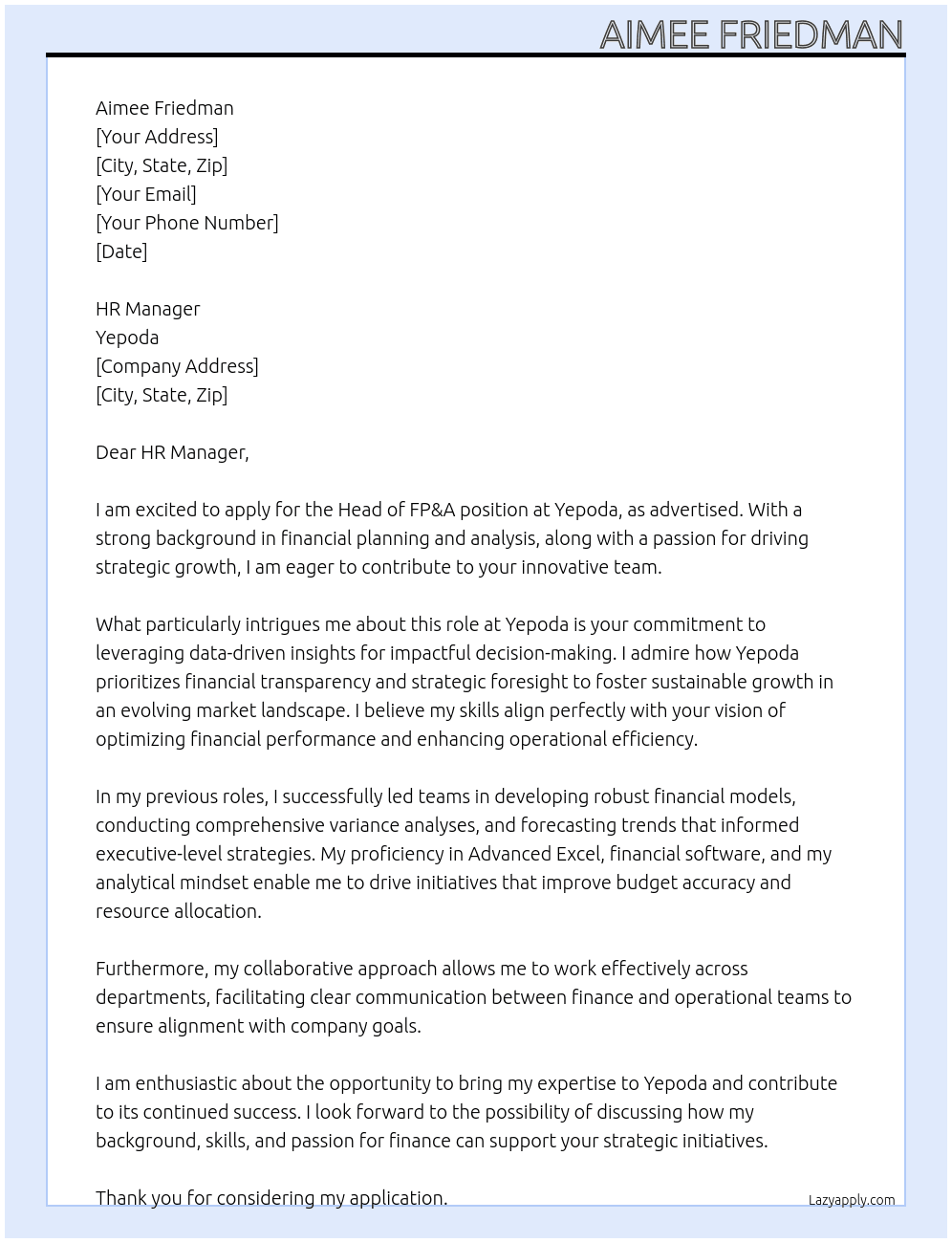 Head of FP&A At Yepoda Cover Letter
