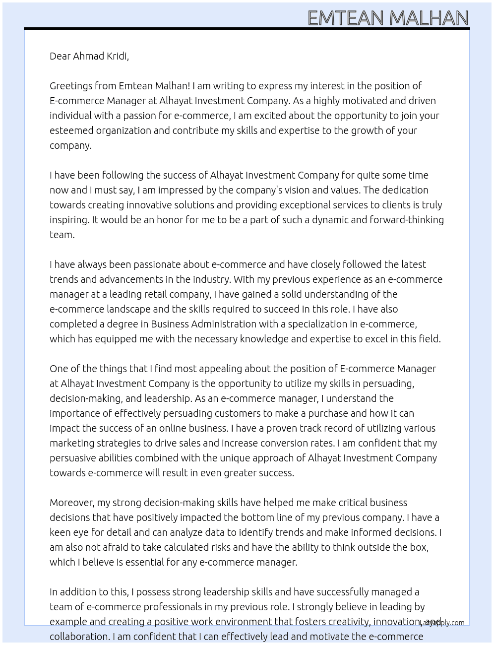 E-commerce manager At Alhayat investment company Cover Letter