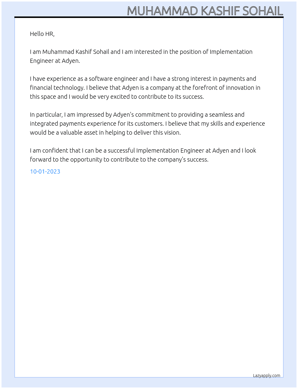 Implementation Engineer At Adyen Cover Letter