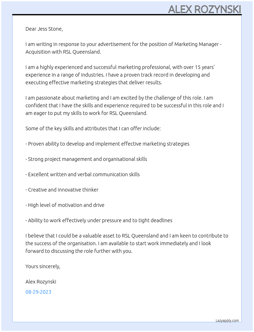 Marketing Manager - Acquisition At RSL Queensland Cover Letter