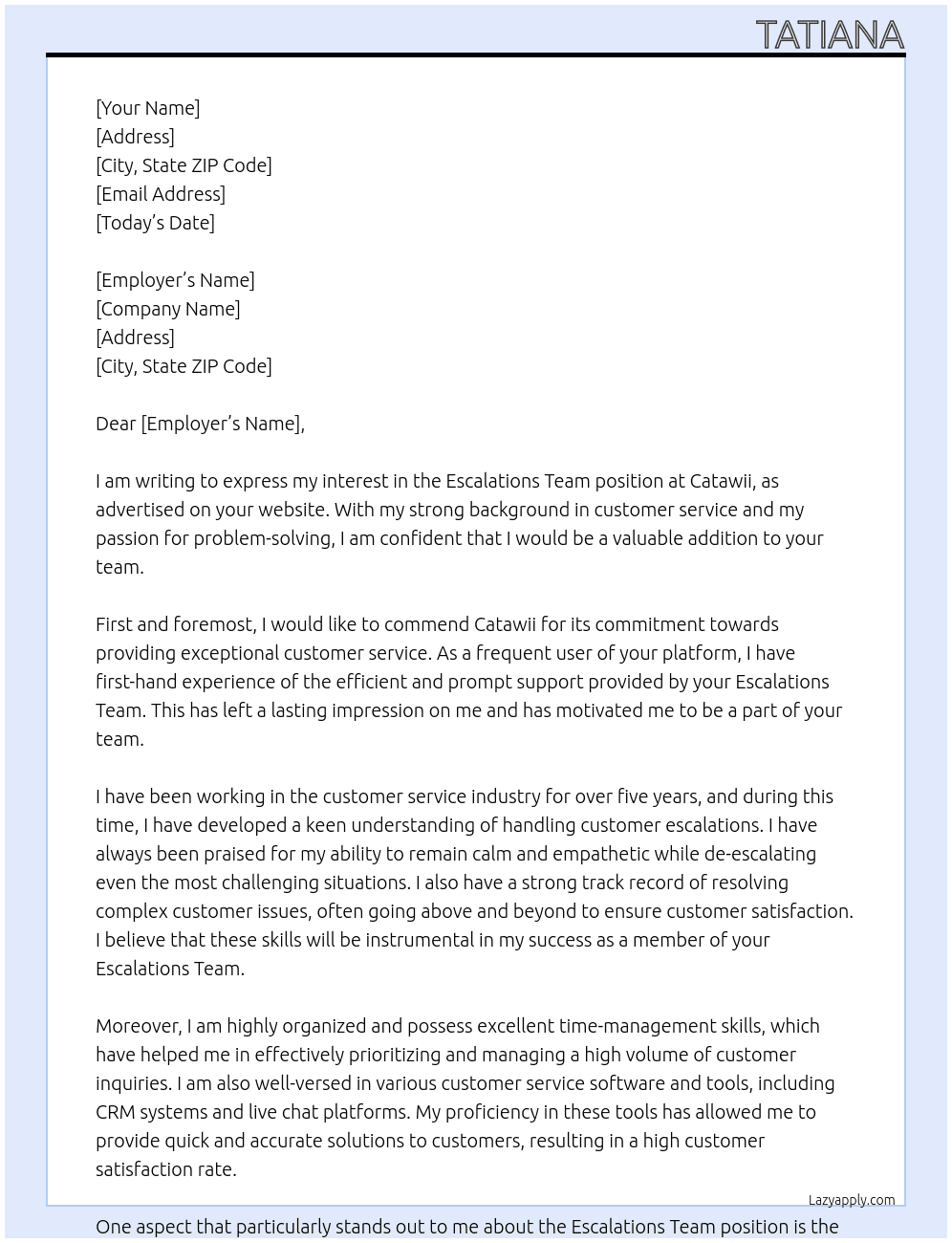 Escalations Team At Catawii Cover Letter